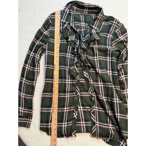 alison andrews Tops - Alison Andrews Green Plaid Ruffle Front Button Down Shirt Womens Medium